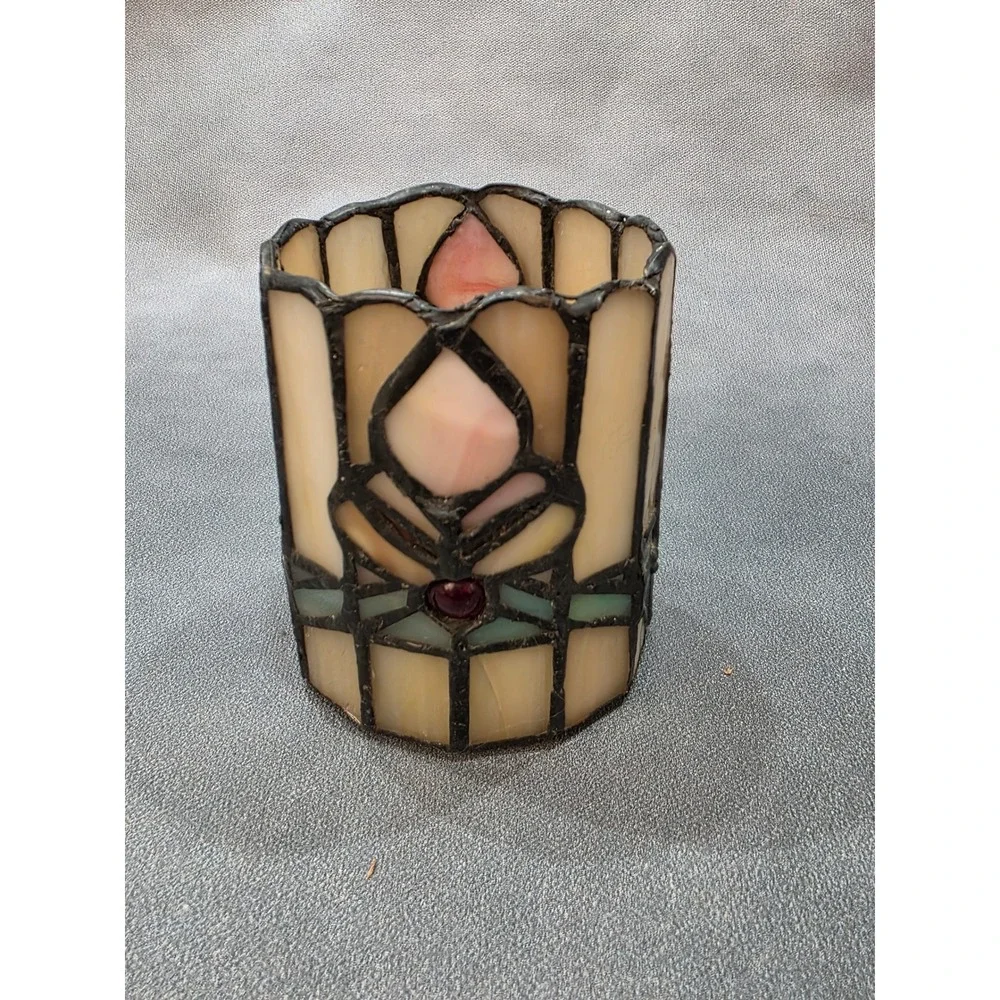 Vintage‎ Stained Glass Votive Candle Holder Slag Glass Mission Style Cream Pink